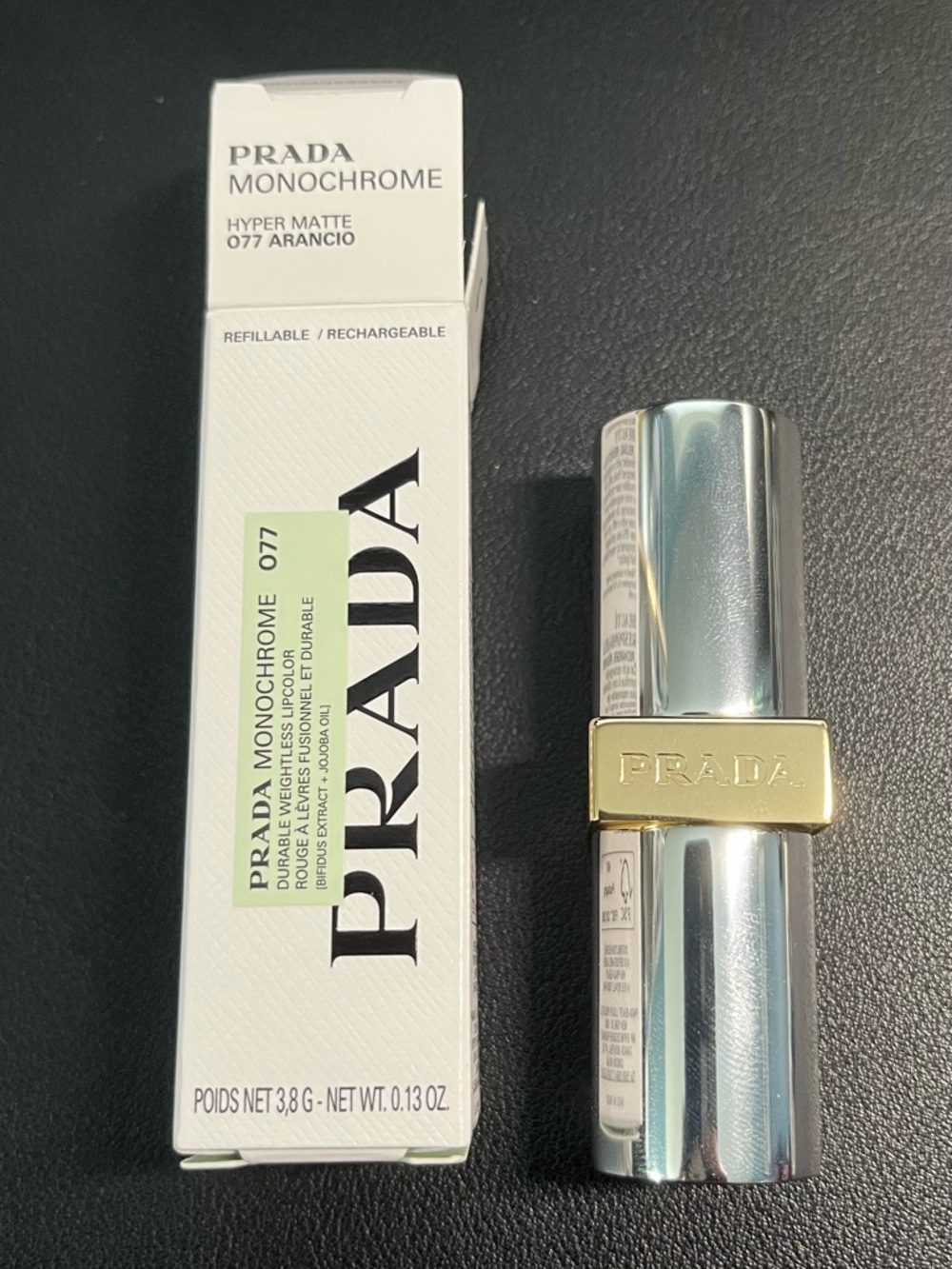 Prada Monochrome Hyper Matte Lipstick 077 Arancio - Silver & Gold Accents